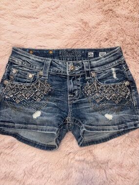 Miss Me Embellished Distressed Denim Shorts - Blue